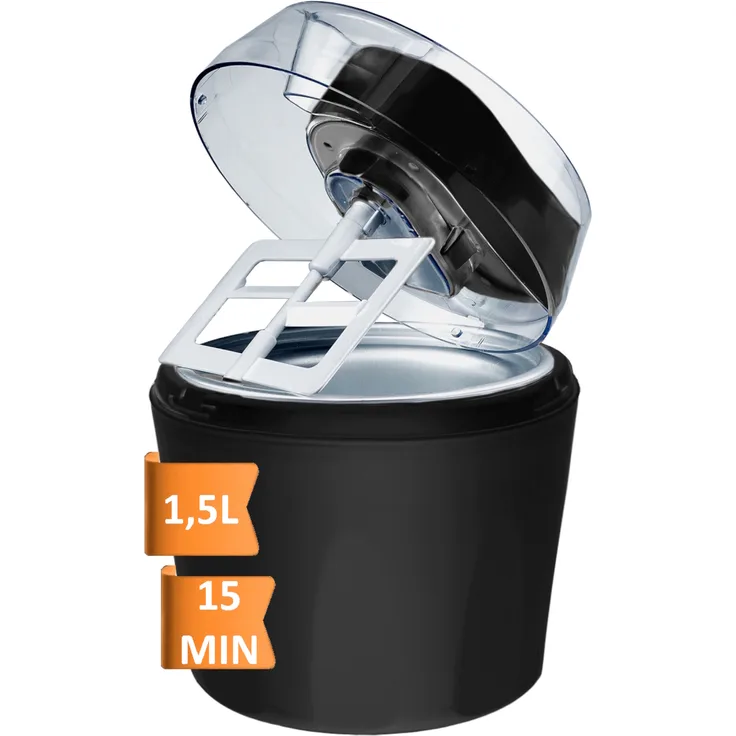 Guzzanti GZ-157, Gelkanister-Eismaschine mit 1,5 l Fassungsvermögen, 2 Becken, LCD-Display, Schwarz und Transparent