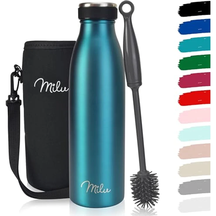 Milu Edelstahl Trinkflasche 500ml, doppelwandige Thermosflasche, auslaufsicher, kohlensäuregeeignet, inklusive Reinigungsbürste (Grün) – Bild 1