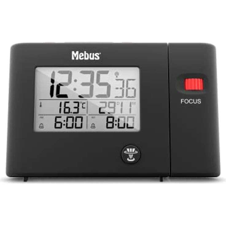 Mebus Funkwecker Modell 25795, digital mit Projektion auf Knopfdruck, zwei Alarmzeiten, Innenthermometer, Displaybeleuchtung, Farbe: Schwarz – Bild 1