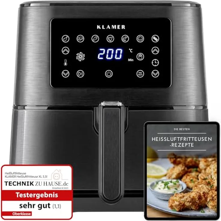 KLAMER Heißluftfritteuse XL 5,5l, Multifunktionale Heissluftfritteuse, ölfreie Fritteuse, 1700W Airfryer, schwarz