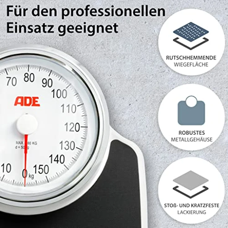 ADE Mechanische Personenwaage M 308800 Clinica, Zuverlässige, analoge XL Badezimmerwaage im klassischen Doktorwaagen, Design, Große, rutschfeste Wiegefläche und robustes Metallgehäuse, Retro, Look, Weiß – Bild 4