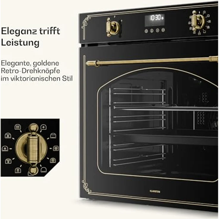 Klarstein Victoria Pyro Einbaubackofen 60 cm, 76L, 11 Funktionen, Energieklasse A, Retro Design, Pyrolyse, Schwarz – Bild 4