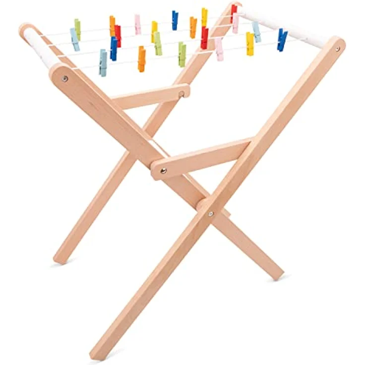 New Classic Toys Holz Spielzeug Wäscheständer mit 21 bunten Klammern und 4 Leinen, zusammenklappbar, fördert Feinmotorik und Fantasie – Bild 1