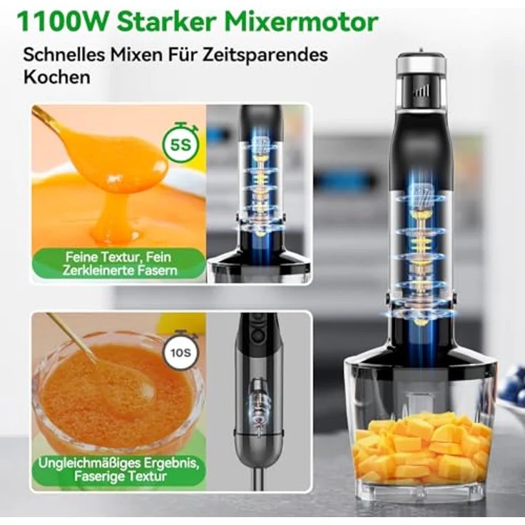 BESROY Stabmixer Set 3 in 1, 1100W Pürierstab mit Edelstahl-Klingen, Milchschäumer & Schneebesen, stufenlose Geschwindigkeit, kratzschonend, spülmaschinengeeignet – Bild 2