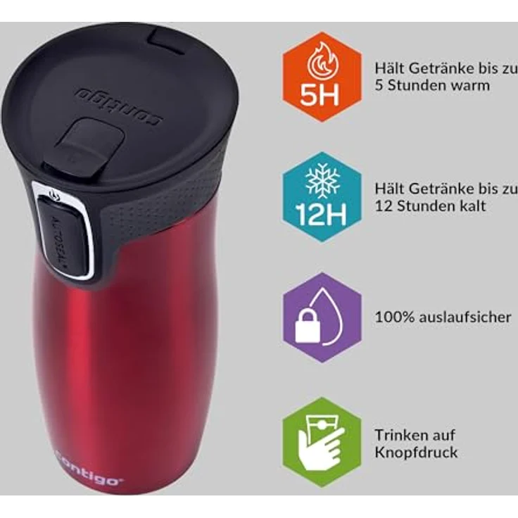Contigo Thermobecher West Loop Autoseal, Edelstahl Isolierbecher, Kaffebecher to go, auslaufsicher, spülmaschinenfester Deckel BPA-frei, 470 ml , Red , 470 ml – Bild 3