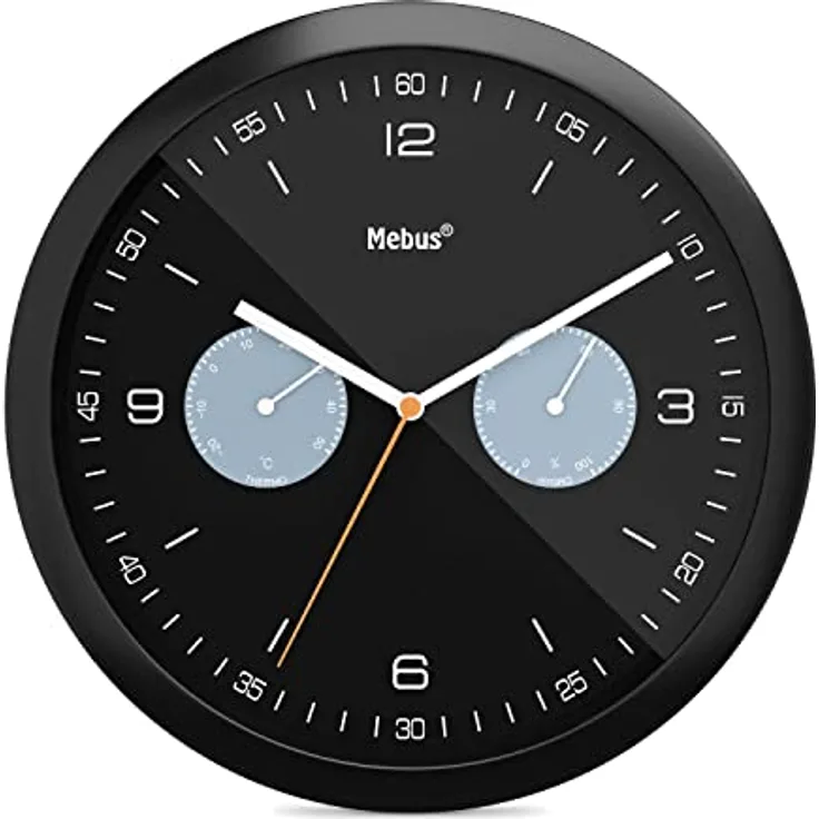 Mebus Funk-Wanduhr mit Thermometer und Hygrometer/Kunststoff/Rund/Modell: 52825 / Farbe: Schwarz, 26 cm