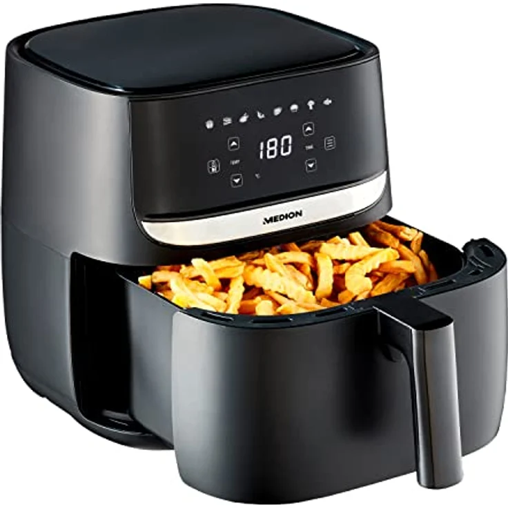MEDION E50 XL Heißluftfritteuse (5,7 Liter Frittierkorb, ca. 1700 Watt, Digitales Bedienfeld, 8 Automatikprogramme, ölfreies Frittieren, 30 Min Timer, Überhitzungsschutz, MD10532) schwarz – Bild 1