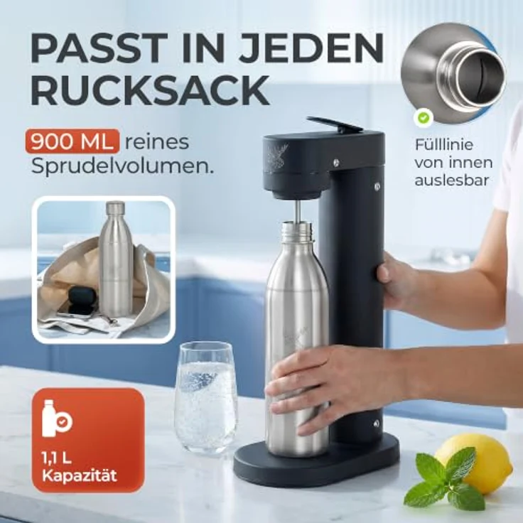 Luckymoose Infinity Edelstahlflasche Wassersprudler, spülmaschinenfest für SodaStream DUO & TERRA, 0,75 - 1,1 Liter, bruchsicher, ohne Ablaufdatum – Bild 3
