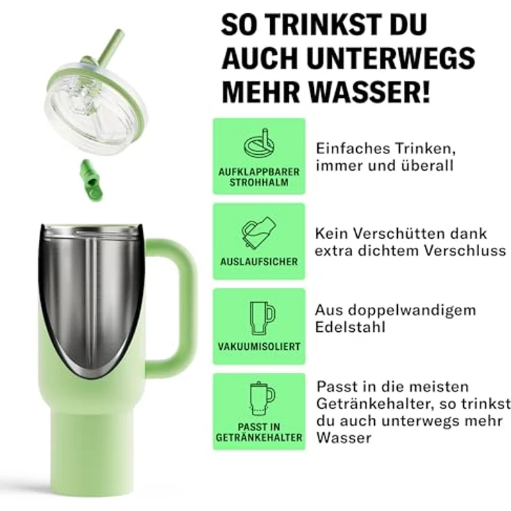 waterdrop® Thermobecher mit Strohhalm 1,1L – Auslaufsichere Edelstahl-Trinkflasche mit klappbarem Mundstück, hält 12h kalt – Bild 3