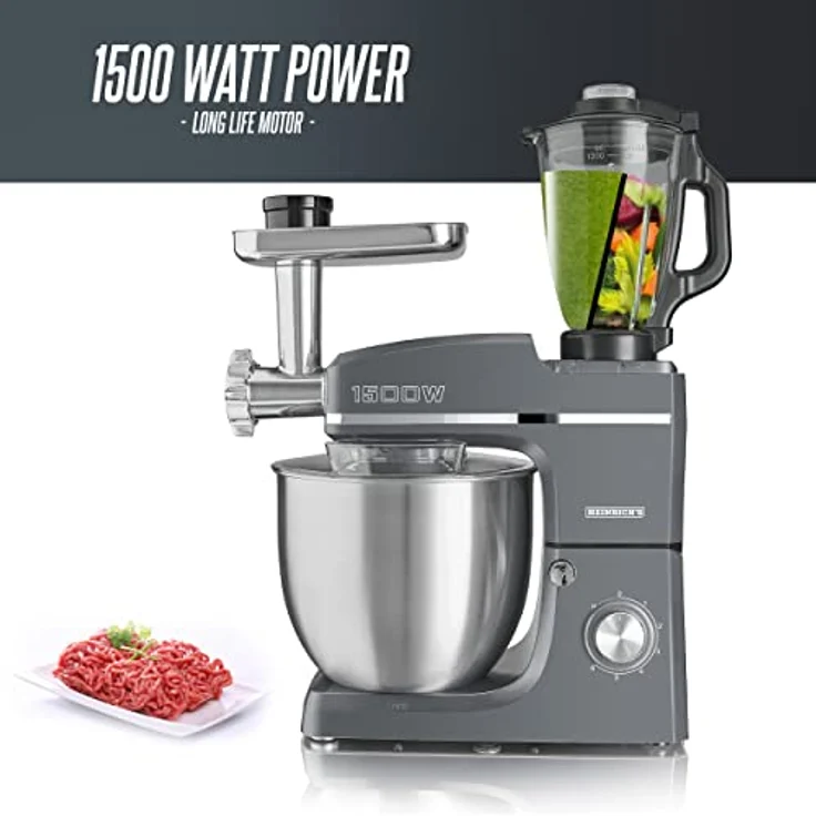 Heinrich´s HKM 8083 3in1 Küchenmaschine, 1500 W, 10 l Schüssel, 6 Geschwindigkeiten, Multifunktional, mit Knetmaschine, Fleischwolf und Mixer – Bild 2