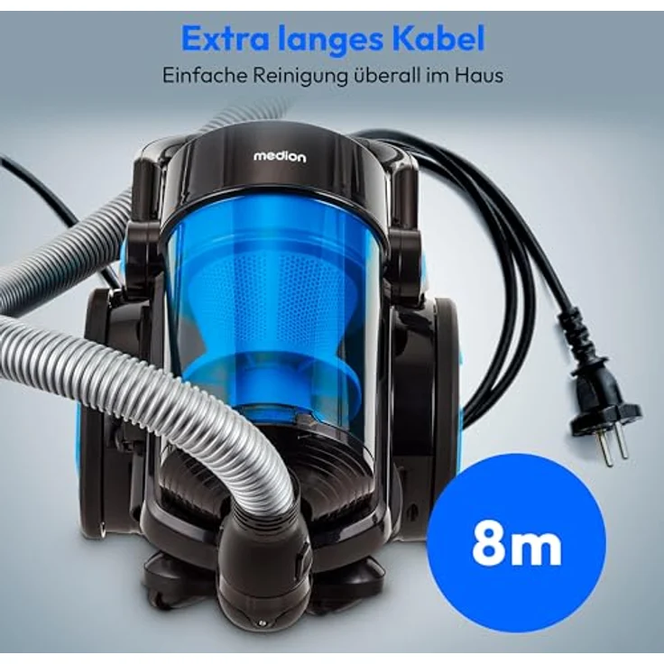 MEDION Beutelloser Zyklon-Staubsauger P4000 (900 Watt Leistung, 4,3 Liter Staubbehälterkapazität, waschbarer HEPA 13 Filter, 11 m Arbeitsradius, MD 11906) blau – Bild 4
