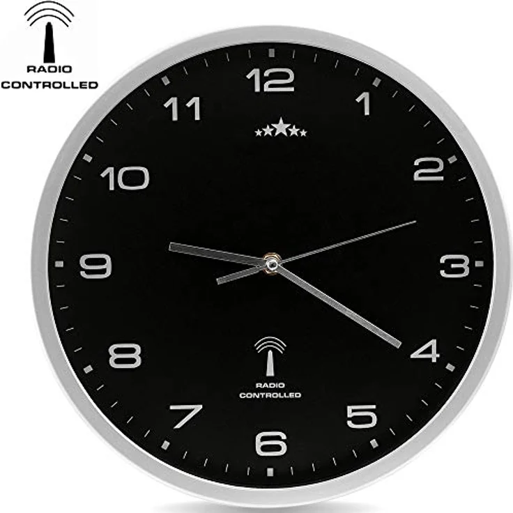 Monzana Wanduhr Funk Automatische Zeitumstellung Geräuscharm Quarzuhrwerk Analog 31 cm Indoor Funkuhr Uhr Schwarz Silber – Bild 4