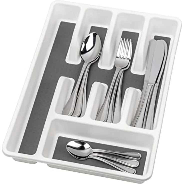 WENKO Besteckkasten Anti-Rutsch 5 Fächer, Schubladen-Einsatz für Besteck, aus stabilem Kunststoff mit rutschfesten Fächern, 26,5 x 36,5 x 5 cm, Weiß/Grau – Bild 1