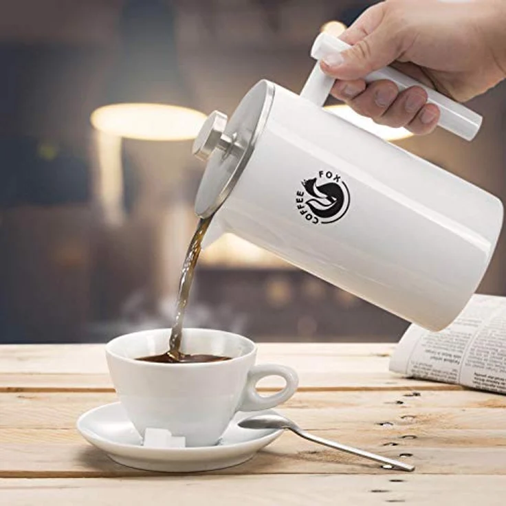French Press Kaffeekanne aus doppelwandigem Edelstahl Weiße Pressfilterkanne Französische Kaffeepresse – Bild 5