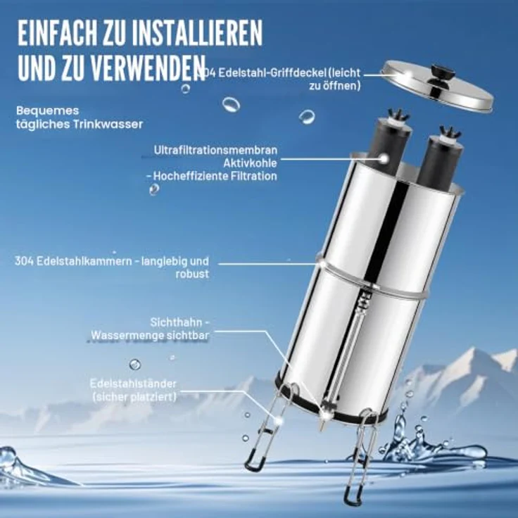 VEVOR Schwerkraft Wasserfiltersystem Edelstahl 7+8,5L, Blei- und Chlorreduzierung mit 2 Kohlefiltern – Bild 6