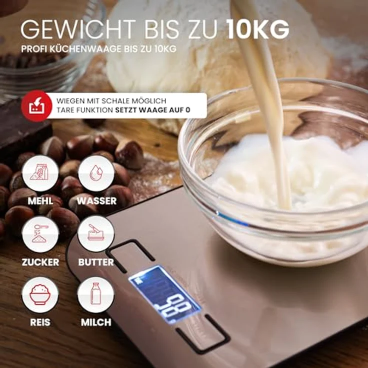 Digitale Küchenwaage 10kg – Hochpräzise Messung bis zu 1g, Tare-Funktion, Digital-Waage Briefwaage mit großem LCD Display aus Edelstahl-Oberfläche, Kochen Backen für die Küche oder Babynahrung Zubehör – Bild 2