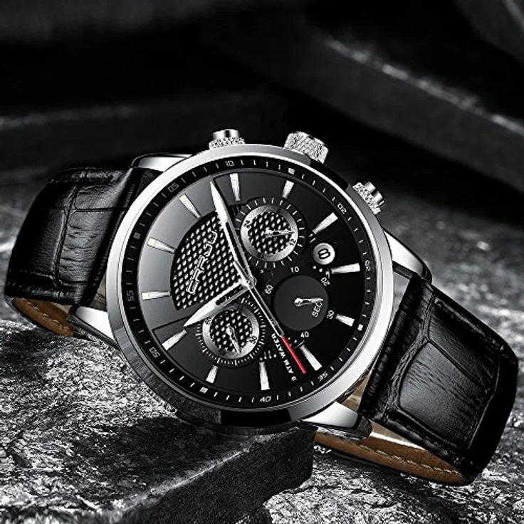 CRRJU Chronograph Herren Armbanduhr Analog Quarz, wasserdicht mit Lederarmband und Datumsanzeige, Schwarz – Bild 3