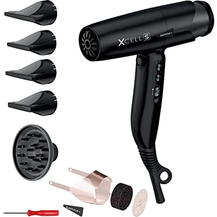 GAMMA+ XCELL S Ionic Haartrockner, 290 g Ultraleichter Haartrockner mit bakterientötender Wirkung, Leise, Smart Memory, LED-Schnittstelle, Selbstreinigende Technologie (SCHUKO-Stecker, Mattes Schwarz)