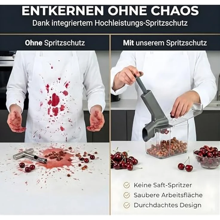 Thiru Premium Kirschentkerner, hohe Entkernleistung für frische, konservierte, tiefgekühlte Kirschen, inkl. Spritzschutz und 25 Rezepte, Made in Germany – Bild 2