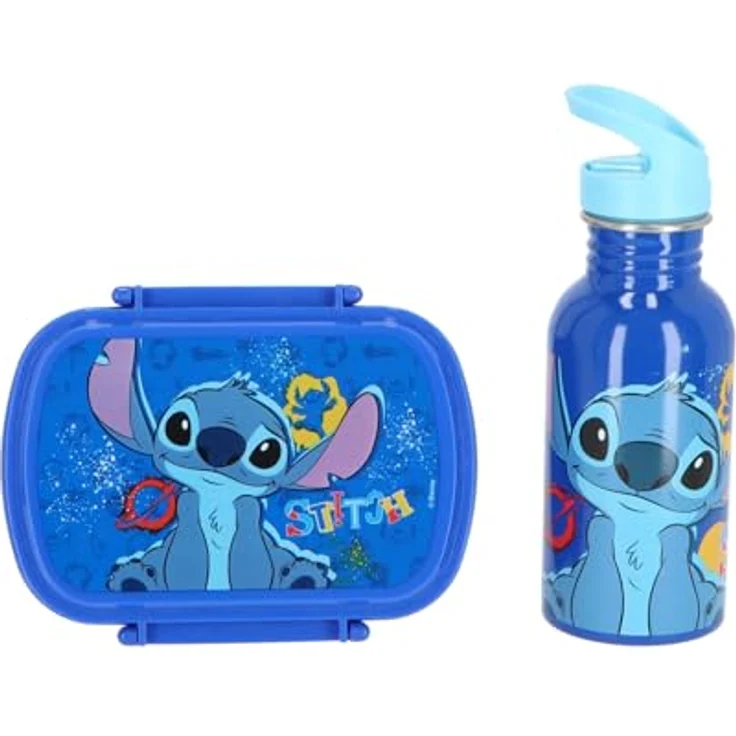 Lilo and Stitch Disney Stitch Brotdose mit Trinkflasche, 2-teiliges Set aus rostfreiem Stahl, blau, ideal für Schule und Ausflüge – Bild 1