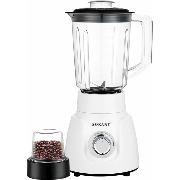 Sokany 2-in-1 Blender 500W, Standmixer mit 1.6L unzerbrechlichem Behälter und integrierter Mühle, Weiss