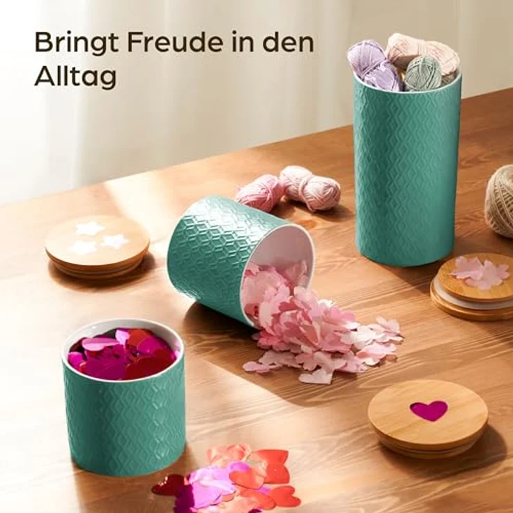 Niboline Keramikdose mit Deckel Luftdicht - 3er Vorratsdosen Set aus Holzdeckel für Müsli Mehl Kaffee & Zucker Aufbewahrung - Spülmaschinenfest (Türkis) – Bild 5