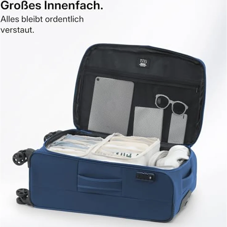 Münicase Stoffkoffer L (69 cm) erweiterbar, 15% Extra-Volumen, TSA-Schloss, 360° Doppelrollen, Dunkelblau mit Frontfächern und verdecktem Namensschild – Bild 5