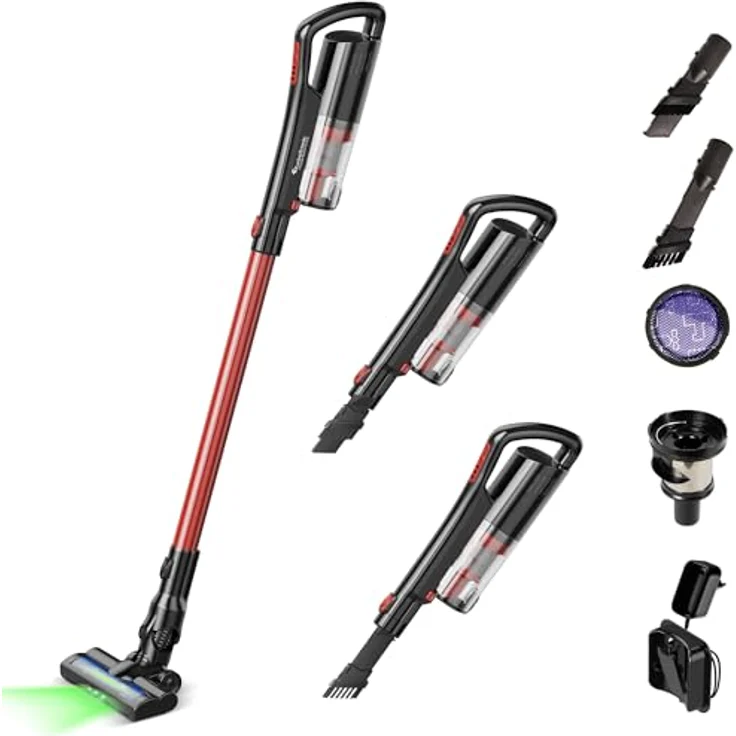 120 Watt TurboTronic 11 kpA mit Laser Stiel Kabellos Staubsauger & Handstaubsauger mit MIF Filter 11kPA, Zyklon Technologie Stabstaubsauger Bodensauger Stielstaubsauger (Rot) – Bild 2