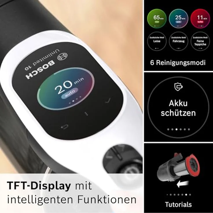 Bosch Akku-Staubsauger Unlimited 10 BTS1042WAC, kabellos, MicroClean Technology, HEPA-Filter, TFT-Display, 4 Ah Akku, LED-Licht, weiß – Bild 4