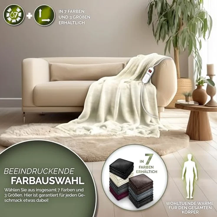sinnlein Heizdecke aus Plüsch 200 x 180 cm creme elektrische Wärmedecke mit Abschaltautomatik und Timer 9 Temperaturstufen waschbar – Bild 2