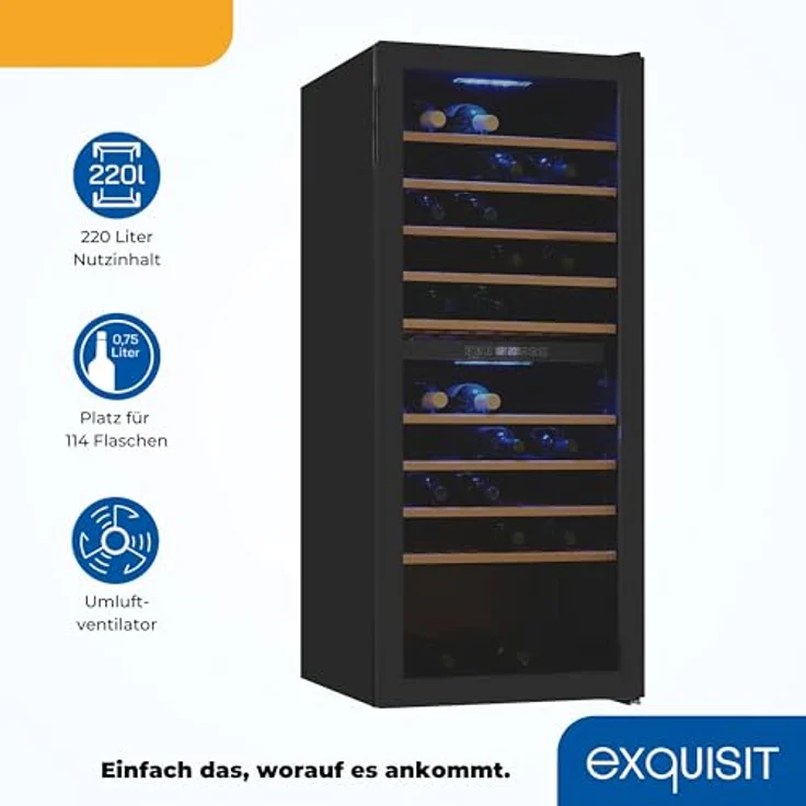 Exquisit Weinkühlschrank WS2-114-GTE-160G, 2 Zonen für 114 Flaschen, 220 Liter, Umluftventilator, digitale Temperaturanzeige, schwarz – Bild 3