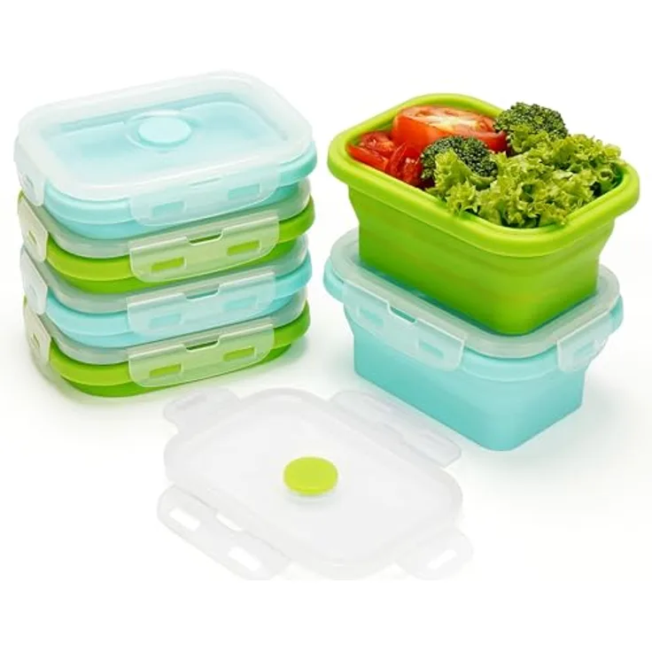 Kurtzy 6er Pack Faltbare Frischhaltedosen aus Silikon, 350 ml, luftdicht, BPA-frei, stapelbar, in grün und blau