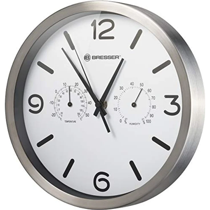 Bresser Funkuhr Wanduhr MyTime ND Thermo-Hygro mit geräuschlosem Funkuhrwerk, Edelstahlrahmen und Anzeige für Temperatur und Luftfeuchtigkeit, Weiß – Bild 1
