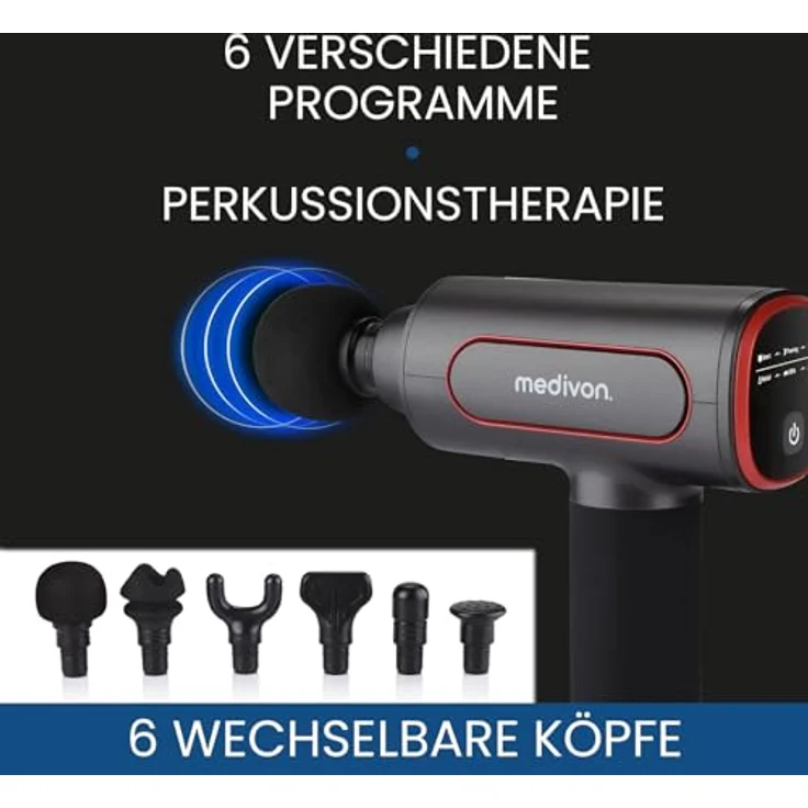 Medivon Gun PRO tragbare Massagepistole 6 Massageköpfe leiser Motor Tiefenmassage für Rücken, Nacken, Bein und Arm Muskeln Tragetasche - schwarz – Bild 4