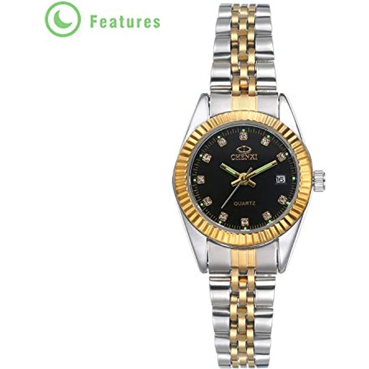 JewelryWe Paar Uhr Analog Quarz mit Kalender, 30M wasserdicht, Edelstahlarmband, Damen und Herren, schwarz Strass Zifferblatt – Bild 5