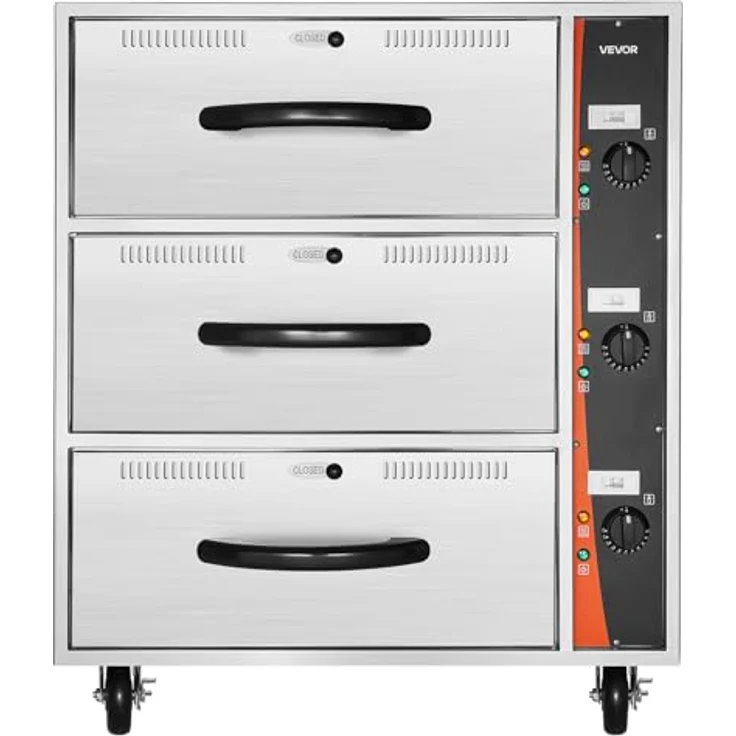 VEVOR DW3, kommerzieller elektrischer Schubladenwärmer mit 3 Schubladen, Edelstahl, Temperaturbereich 30–85 °C, für Restaurants und Bäckereien – Bild 9