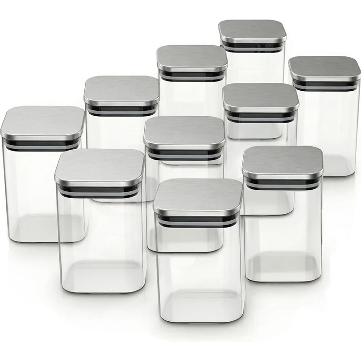 Arendo Vorratsgläser 10er Set, eckige Glasbehälter 1,65 L aus Borosilikatglas mit luftdichtem Edelstahldeckel, hitzebeständig und mikrowellengeeignet