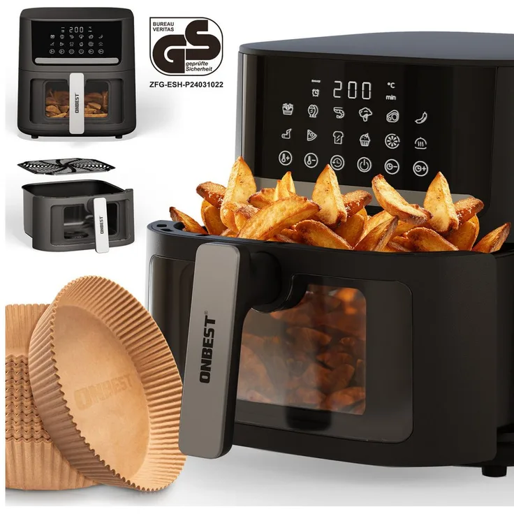 Onbest Heißluftfritteuse, 1600 W, XXL, 12 Programme, Sichtfenster - Gesundes Kochen mit wenig Öl, 6,5 Liter, LED-Touchscreen