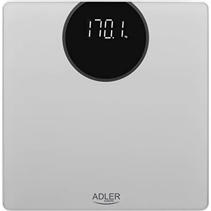 ADLER AD8175 Digitale Personenwaage – Elektronische Körperwaage mit Hochpräzisen Sensoren und Gehärtetem Glas – Kontrastreiches LED-Display – Inklusive Batterien – Silber