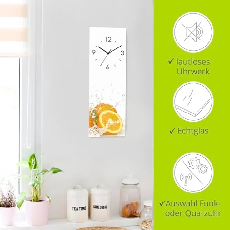 ARTLAND Wanduhr ohne Tickgeräusche Glas Funkuhr 20x60 cm Rechteckig Lautlos Obst Früchte Orange im Wasser Frucht Modern Food T5UI – Bild 2
