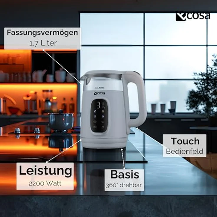 Ecosa® Wasserkocher, Teekocher mit Temperatureinstellung 40°C-100°C, 1,7 Liter, 2200 Watt, Glas Edelstahl, BPA-frei, Warmhaltefunktion, LED-Beleuchtung (Woldo White) – Bild 5