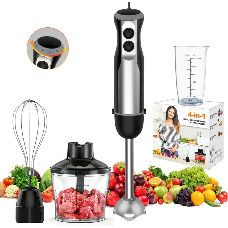 Luckice Stabmixer 1000W 4in1 Edelstahl, mit 6 Geschwindigkeiten, Turbo-Funktion, Zerkleinerer und Messbecher für Soßen, Babynahrung und Suppen