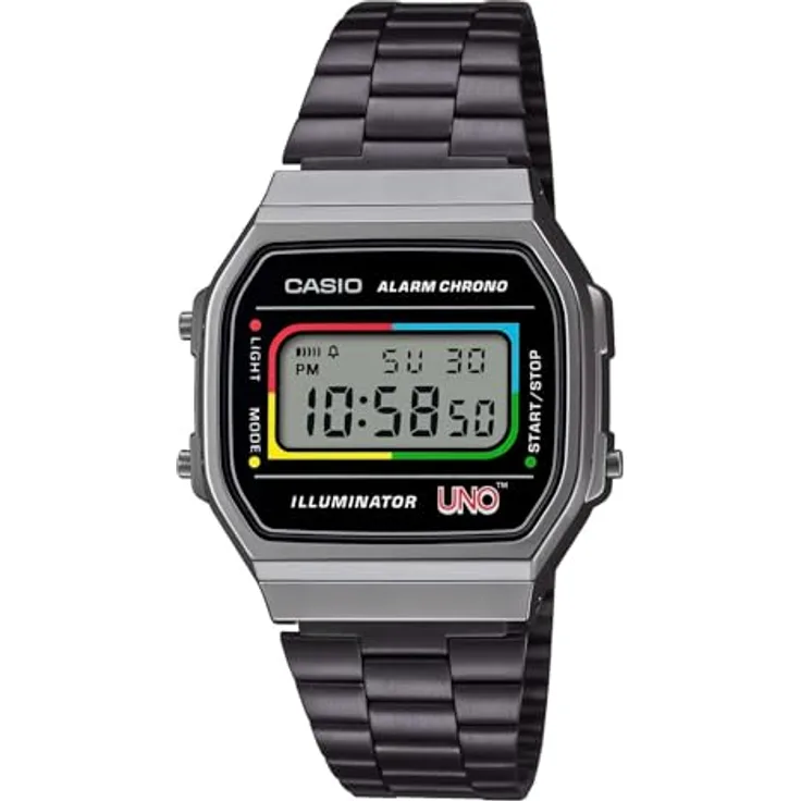 Casio Vintage Armbanduhr UNO A168WEUC-1AER, Edelstahl schwarz, Kunststoffgehäuse, anthrazit Zifferblatt