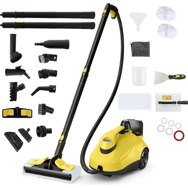 KOMFOTTEU Dampfreiniger 2000 W, Handgerät und Bodendampfreiniger, Weiß/Gelb, 5 Bar Dampfdruck, 1,8 L Wassertank