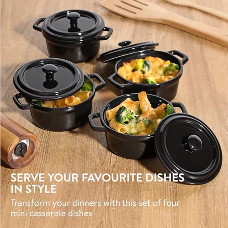 Navaris Mini Cocotte - Vielseitige Mini Auflaufform mit Deckel ofenfest - 4er Set - Souffle Förmchen - Ideal für Lasagne, Pudding, Omelettes, Suppen - Keramik - Schwarz – Bild 2