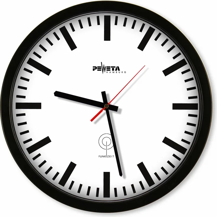 Peweta Wanduhr, Funkwanduhr weiß schwarz Kunststoff, geräuschlos, IP54, 35 cm