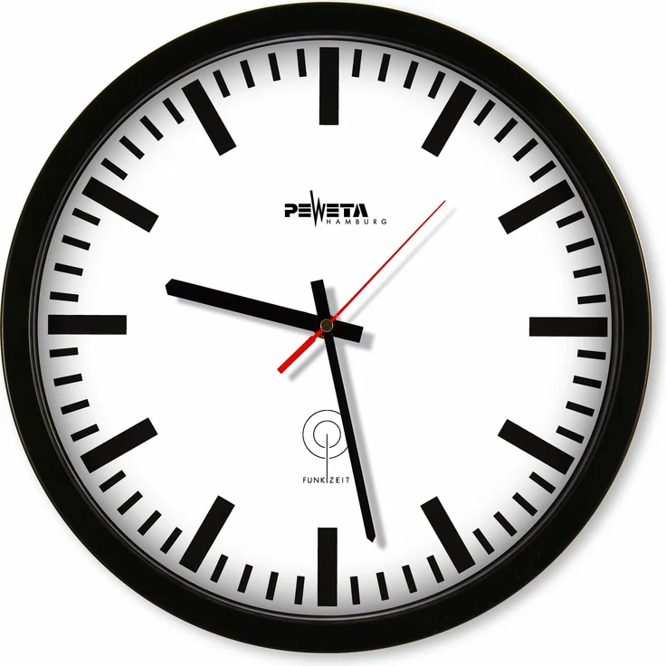 Peweta Wanduhr, Funkwanduhr weiß schwarz Kunststoff, geräuschlos, IP54, 35 cm