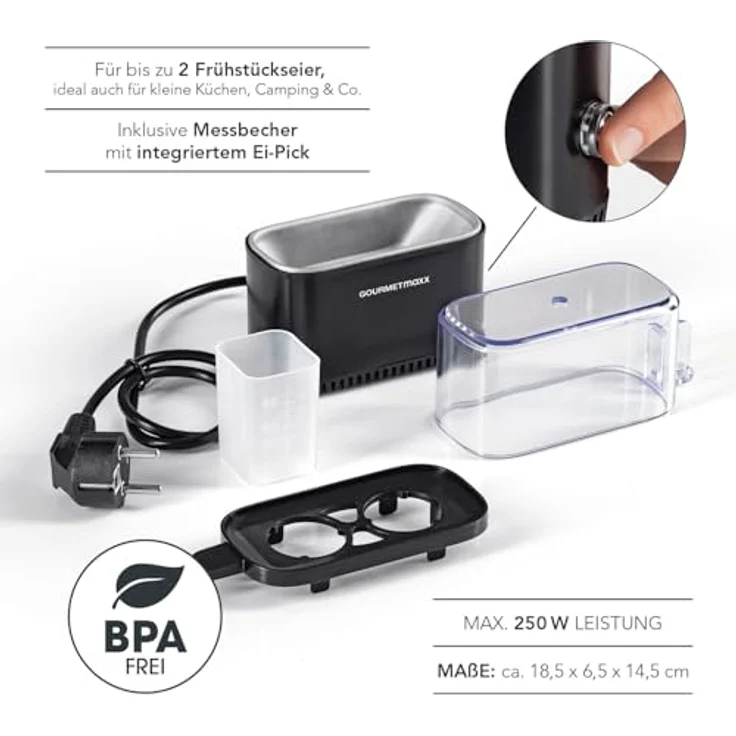 GOURMETmaxx Eierkocher für 2 Eier | Elektrischer, energiesparsamer Egg Cooker | Mit Messbecher & Ei-Pick | Kompaktes Design & BPA frei [Schwarz] – Bild 5