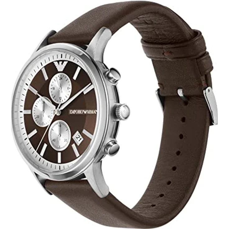 Emporio Armani Uhr für Herren, Chronographenwerk, 43mm Edelstahlgehäuse mit ProPlanet Lederarmband, Braun – Bild 4