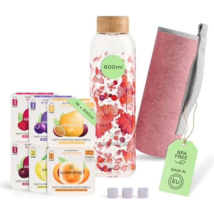 Waterdrop Starterset Trinkflasche aus Glas 600ml Relax Melange mit 6 fruchtigen Sorten – Bild 1